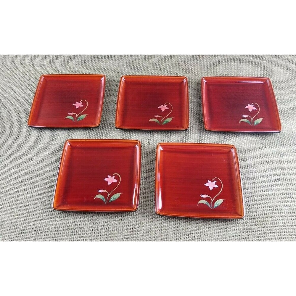 Vintage Melamine Set of 5 Plastic Trinket Tip Dish Dark Red Square w Flowers